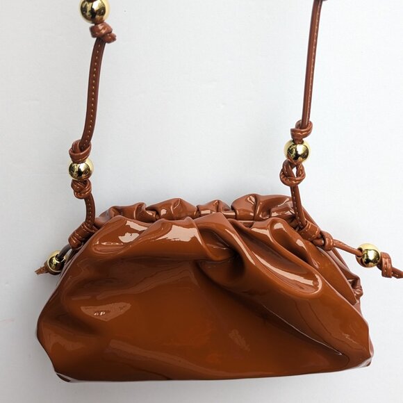 Brown Leather Crossbody Bag Small Pouch Purse with Gold Beads Shiny Mini Bag NW - Picture 9 of 11